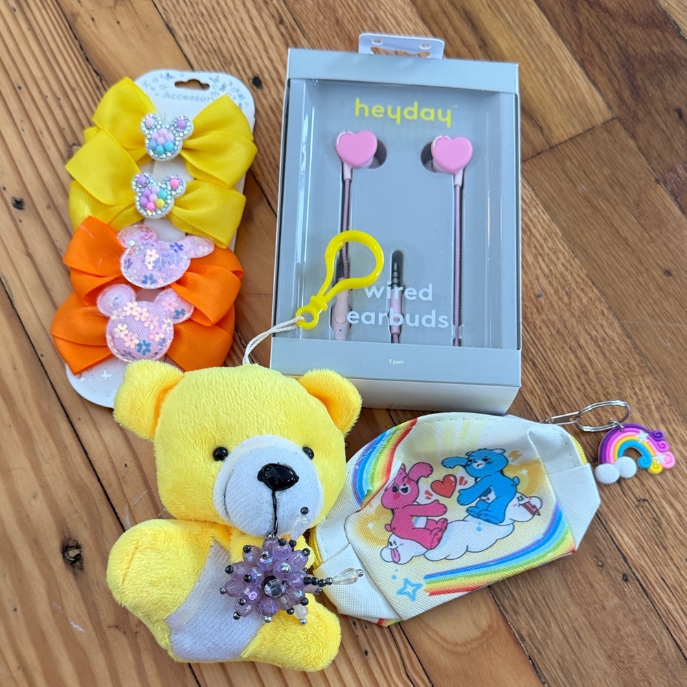 Bundle of 4 Heyday Pink Earbuds with Yellow Teddy and Rainbow Pouch and clips
